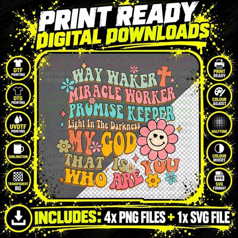 Way Maker Miracle Worker Promise Keeper Colorful Flowers Png SVG Digital Bundle
