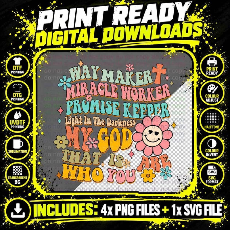 Way Maker Miracle Worker Promise Keeper Rainbow Flowers Png SVG Digital Bundle