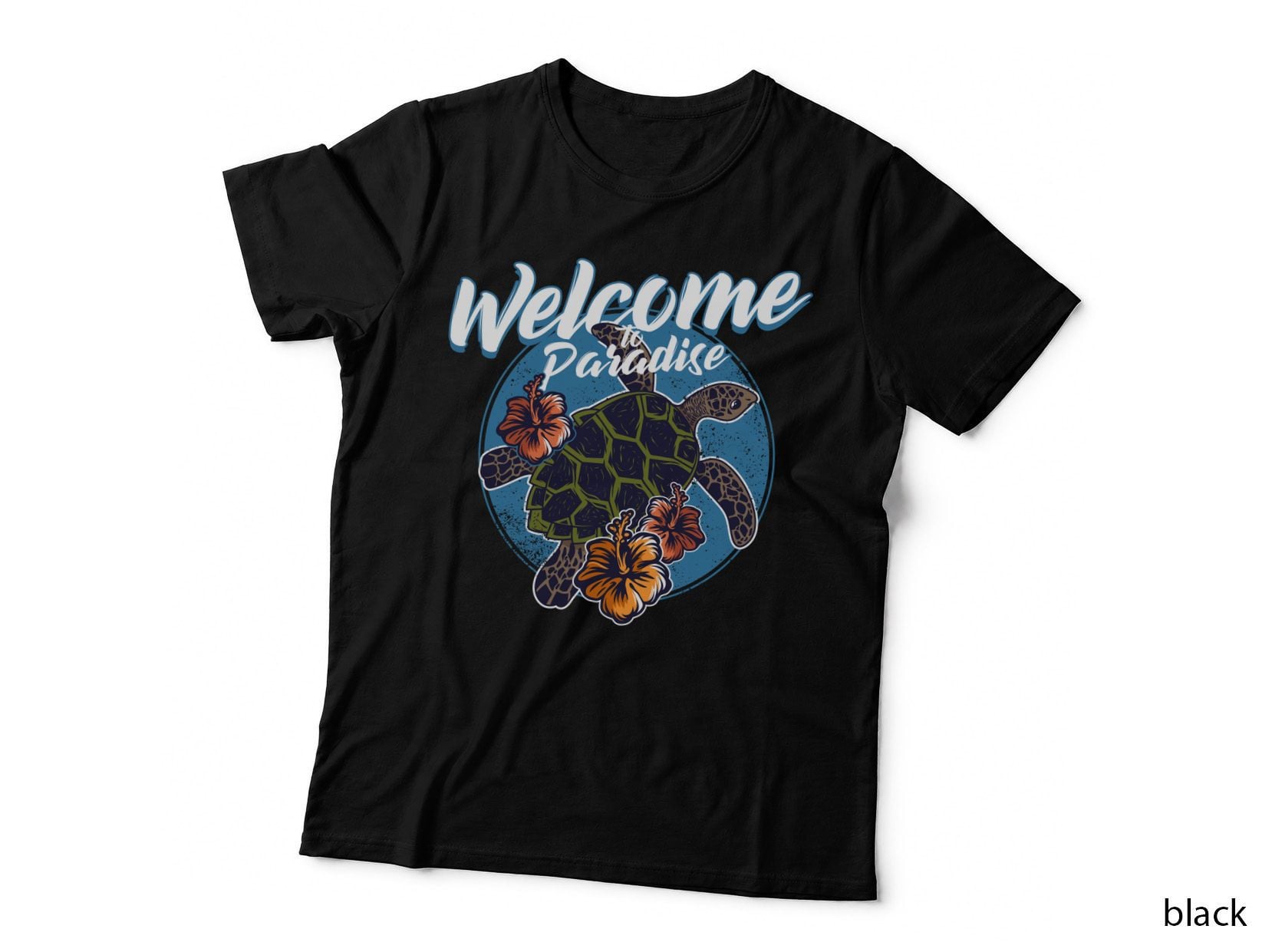 Welcome Paradise Sea Turtle Hibiscus Flowers Tropical Blue Vintage T-Shirt