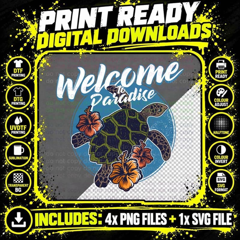 Welcome Paradise Sea Turtle Hibiscus Flowers Tropical Png SVG Digital Bundle