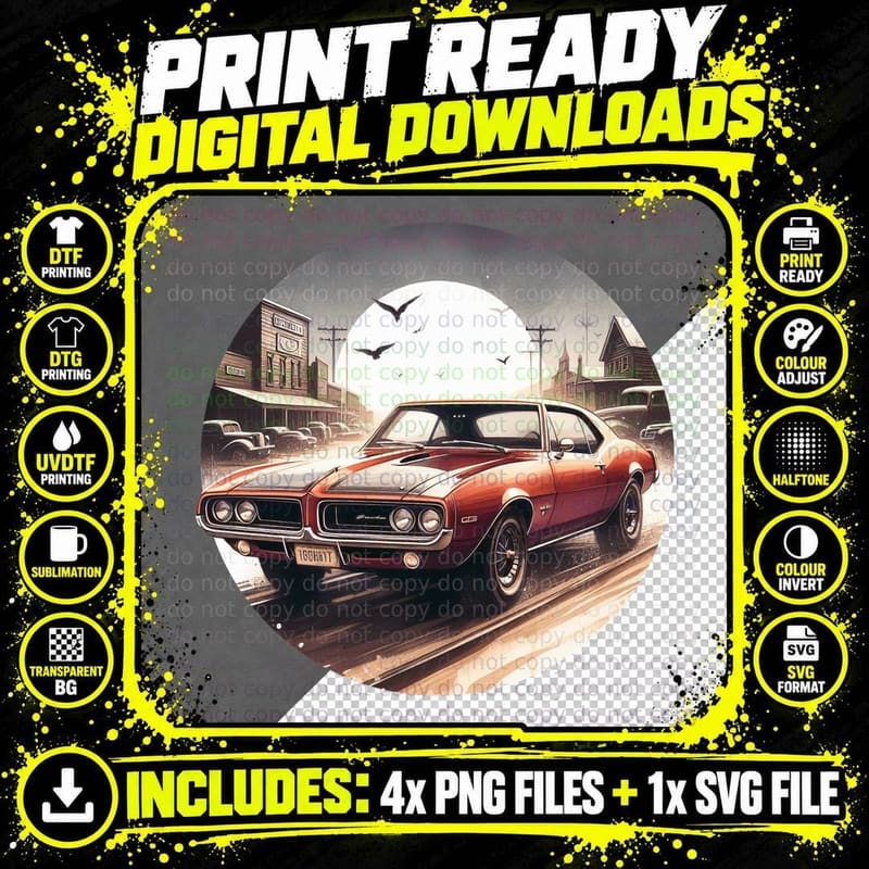 Western Town Night Lights Streetlights Pontiac Retro Png SVG Digital Bundle