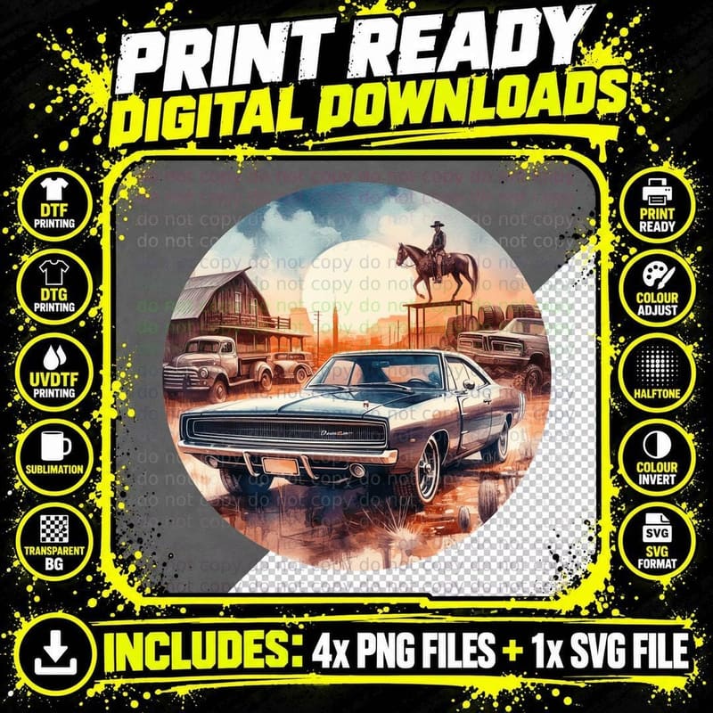 Western Town Statue Vintage Car Desert Monument Halftone Png SVG Digital Bundle