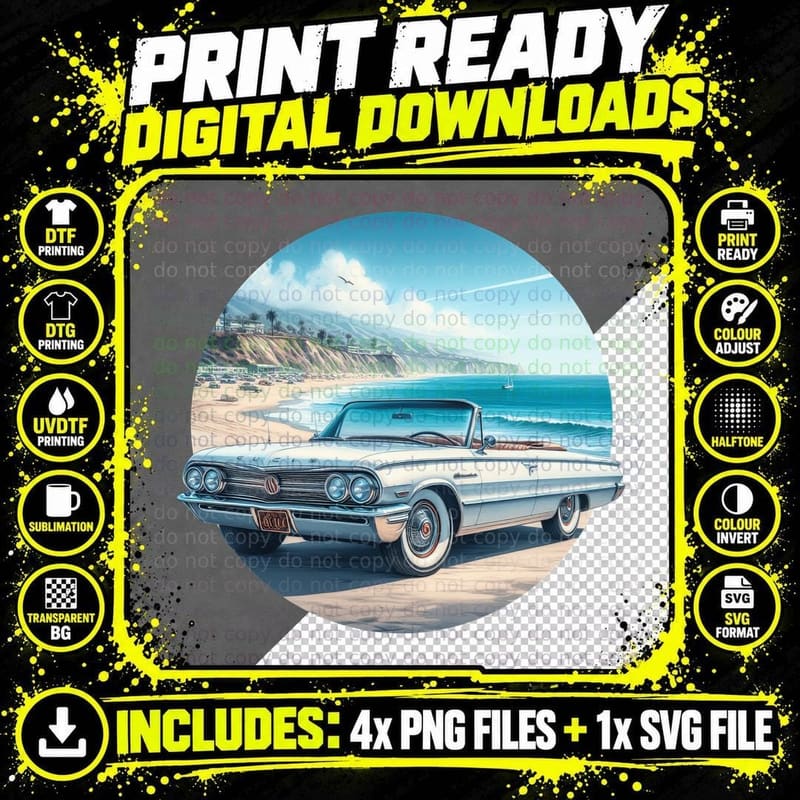White Convertible Beach Sand Classic Car T-Shirt Png SVG Digital Bundle