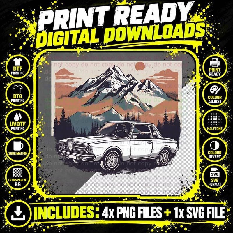 White Sunset Car Vintage Mountains T-Shirt Png SVG Digital Bundle