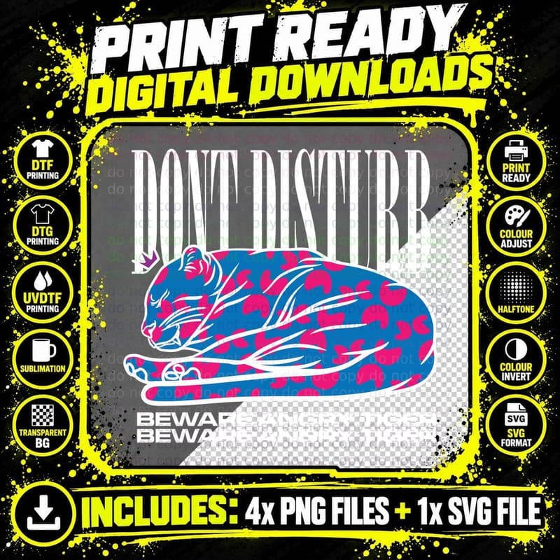 Wild Disturb Beware Angry Tiger Pink Blue Striped Png SVG Digital Bundle