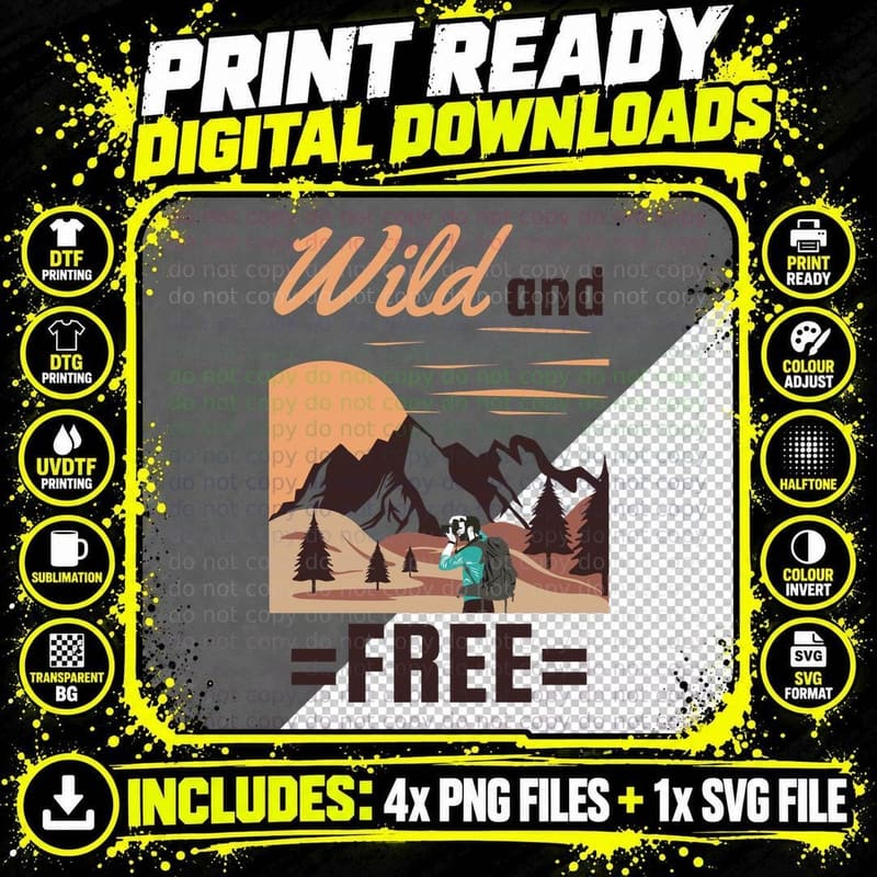 Wild Free and Mountains Hiker Freedom Nature Retro Png SVG Digital Bundle