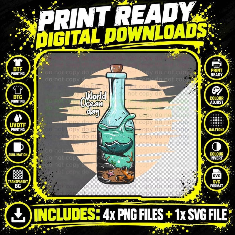 Wild Ocean Day Bottle with Inside Nature Marine Vintage Png SVG Digital Bundle