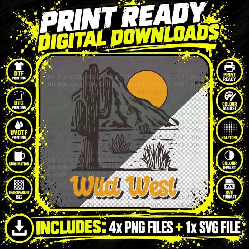 Wild West Cactus Desert Sun Retro Western T-Shirt Png SVG Digital Bundle