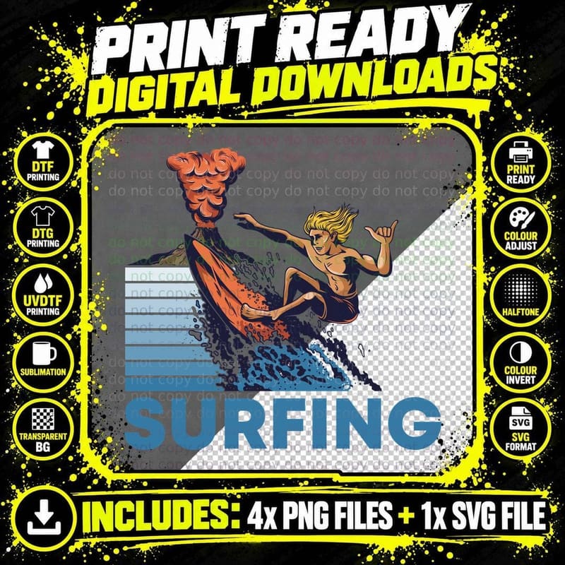 Woman Surfer Surfing Tornado Orange Wave Blue Retro Png SVG Digital Bundle