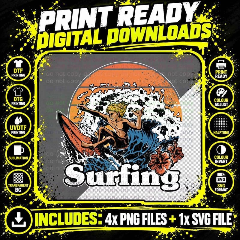Woman Surfing Surfer Orange Sun Hibiscus Tropical Png SVG Digital Bundle
