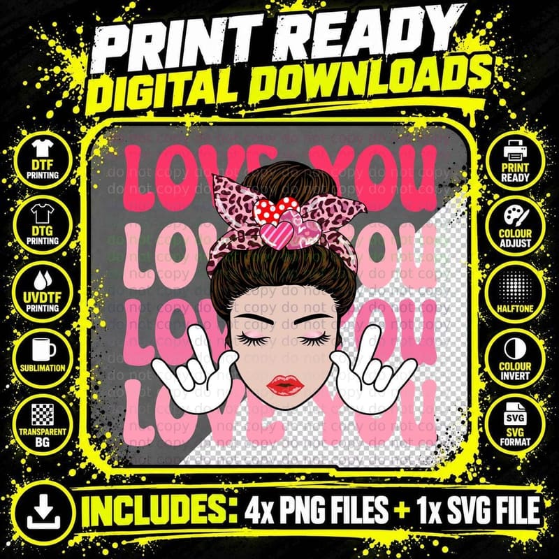 Woman with Bun Love You Retro Y2k Girl Peace Signs Png SVG Digital Bundle