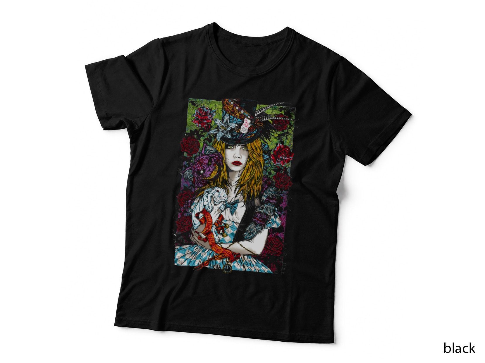 Woman with Tattoos Roses Distressed Glitch Multicolor T-Shirt