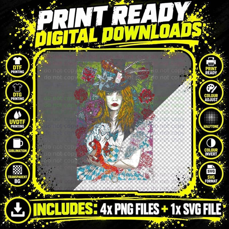 Woman with Tattoos Roses Distressed Glitch Multicolor Png SVG Digital Bundle