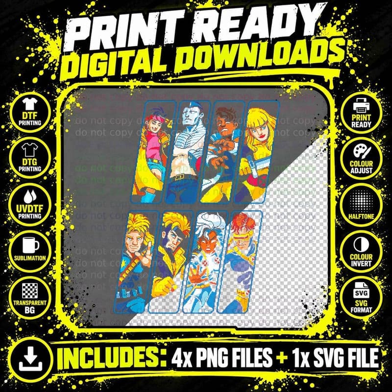 X-Men Character Grid Multi Face Retro Animation Ensemble Png SVG Digital Bundle