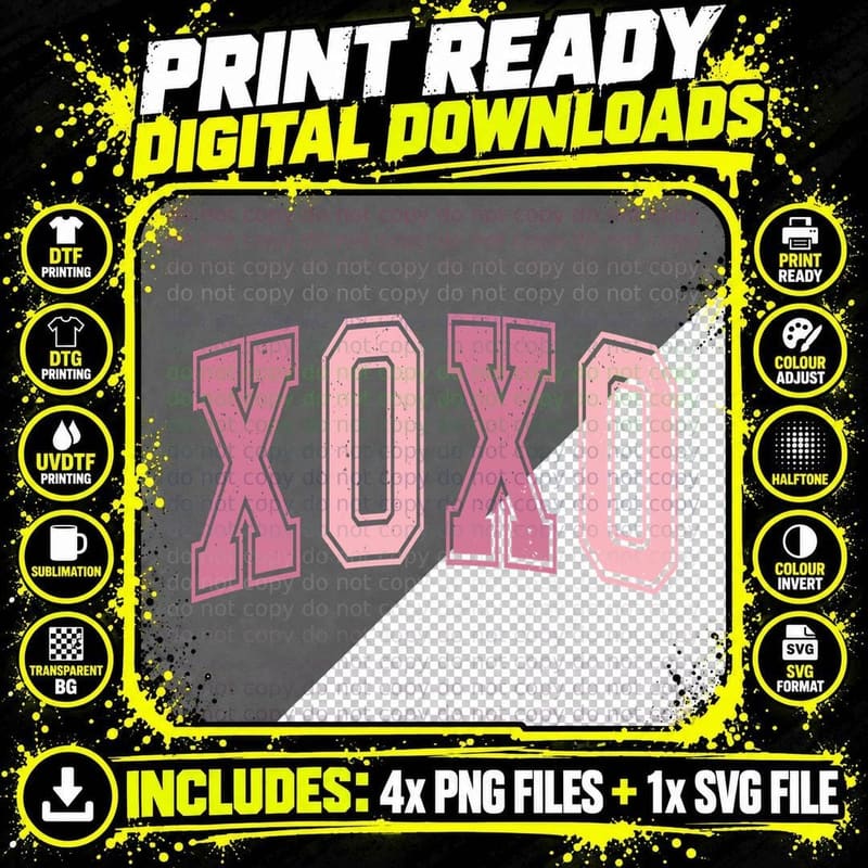 XOXO Large Pink Distressed Letters Minimalist Design Png SVG Digital Bundle
