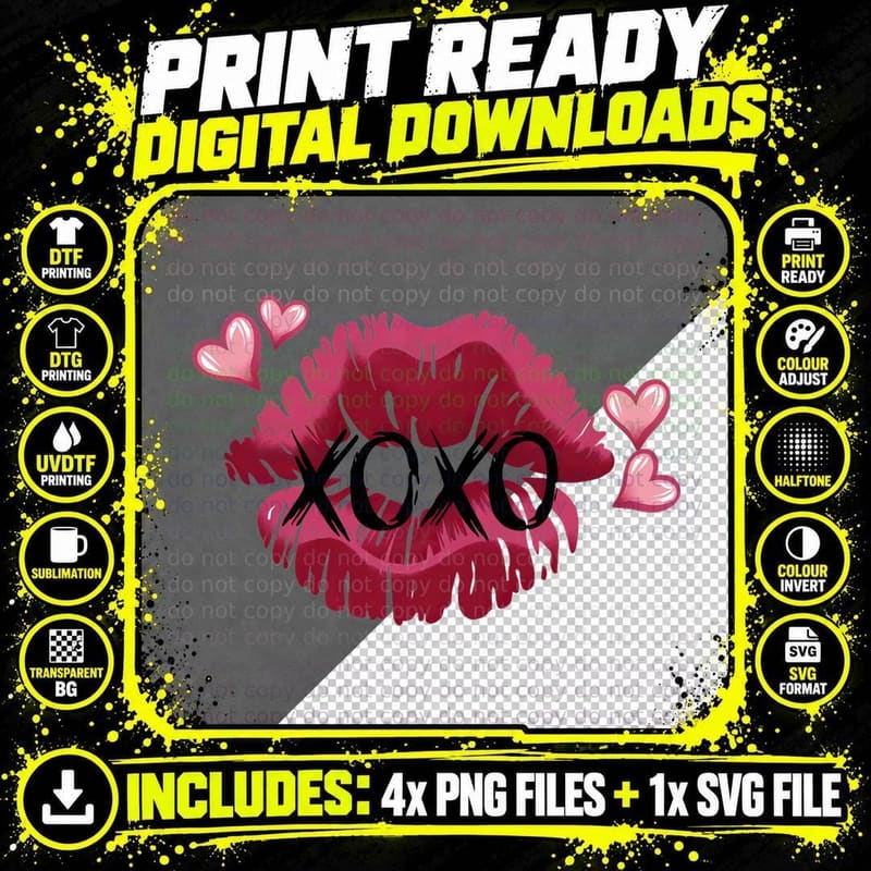 XOXO Pink Lips Kiss Mark Hearts Distressed Aesthetic Png SVG Digital Bundle