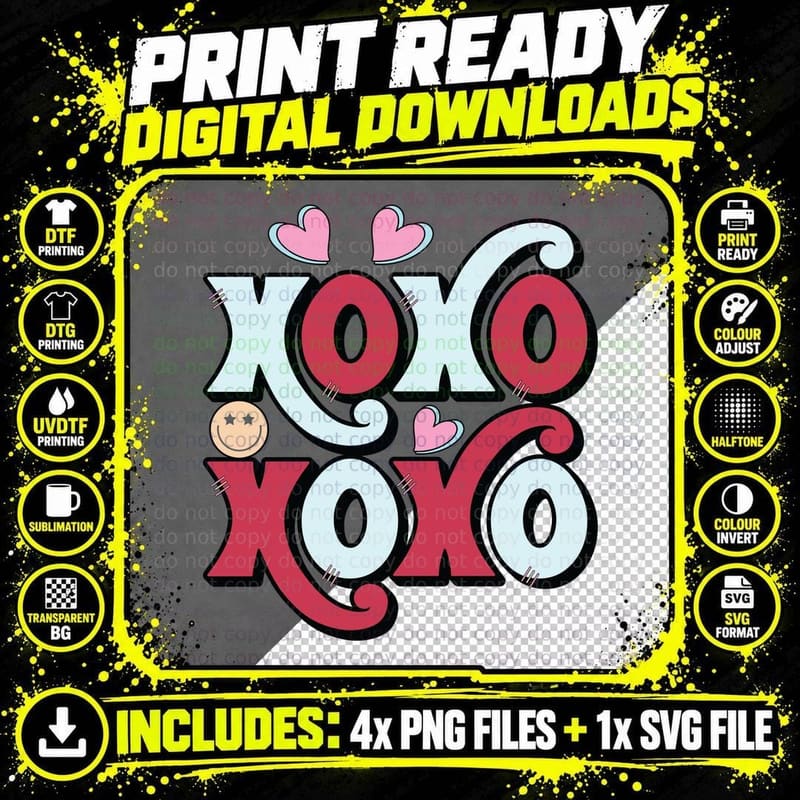 XOXO Retro Hearts Kisses Hugs T-Shirt Png SVG Digital Bundle