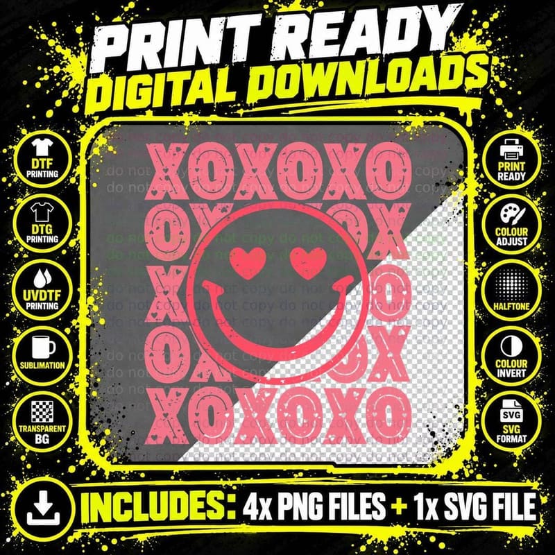 XOXO Smiley Face with Heart Eyes Pink Distressed Letters Png SVG Digital Bundle