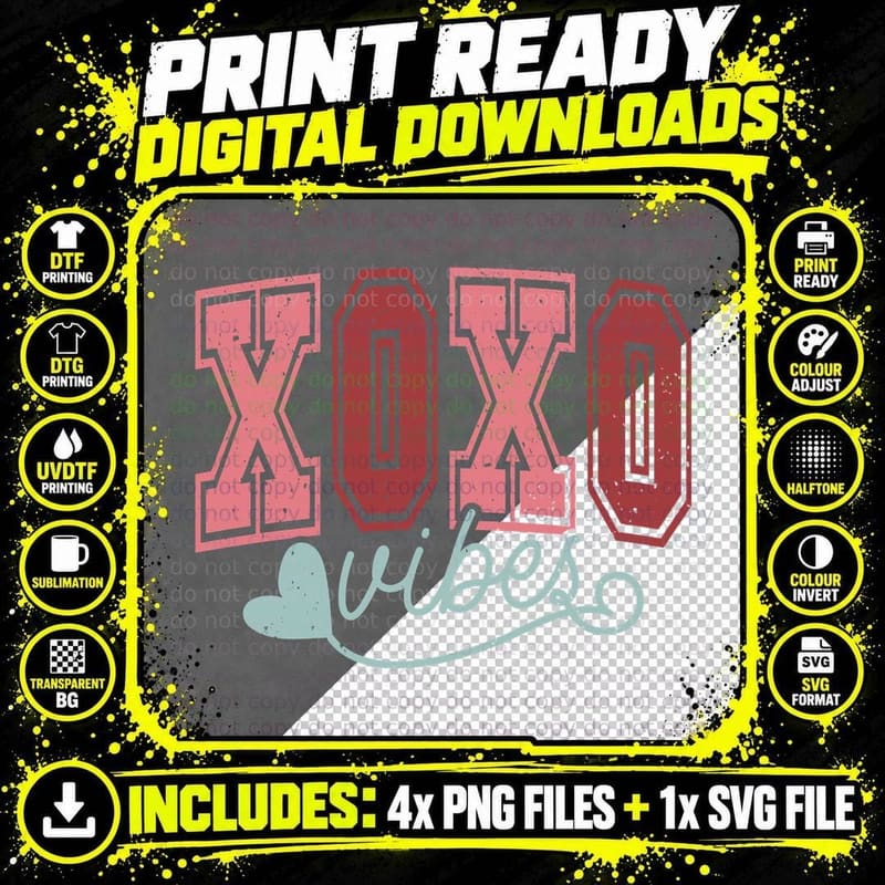 XOXO Vibes Large Outlined Text Hearts Retro Y2k Png SVG Digital Bundle