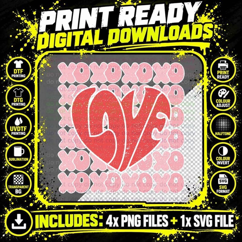Xoxoxo Large Heart Pink Text Frame Center Retro Romantic Png SVG Digital Bundle