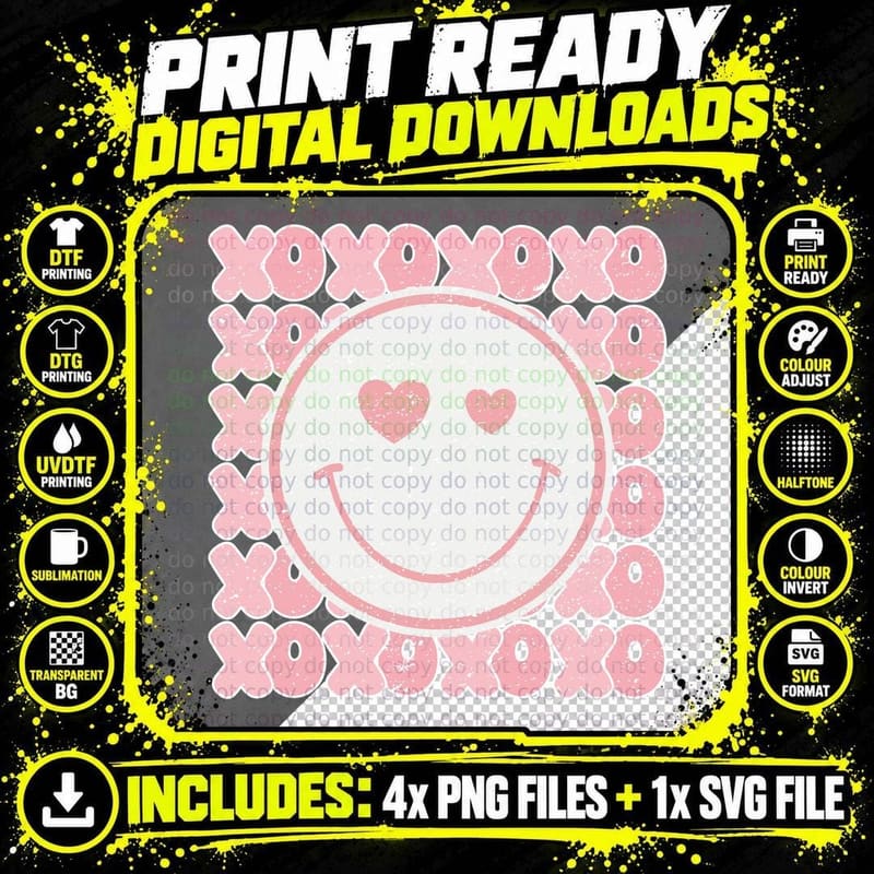 Xoxoxo Smiley Pink Text Center Face Retro Playful T-Shirt Png SVG Digital Bundle