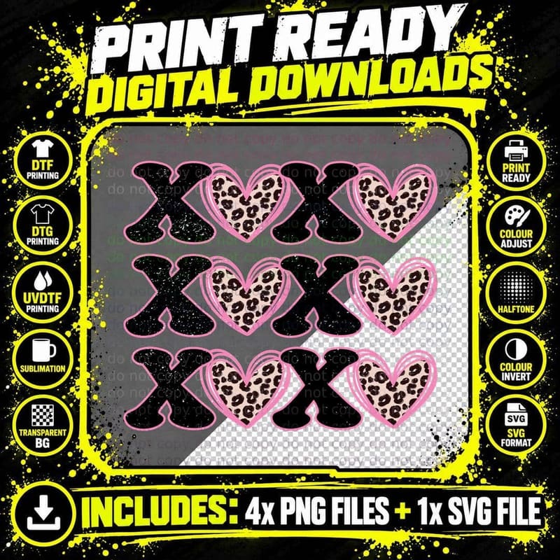 Xoxoxoxo Distressed Xoxoxoxoxoxoxoxo Leopard Heart Pink Png SVG Digital Bundle