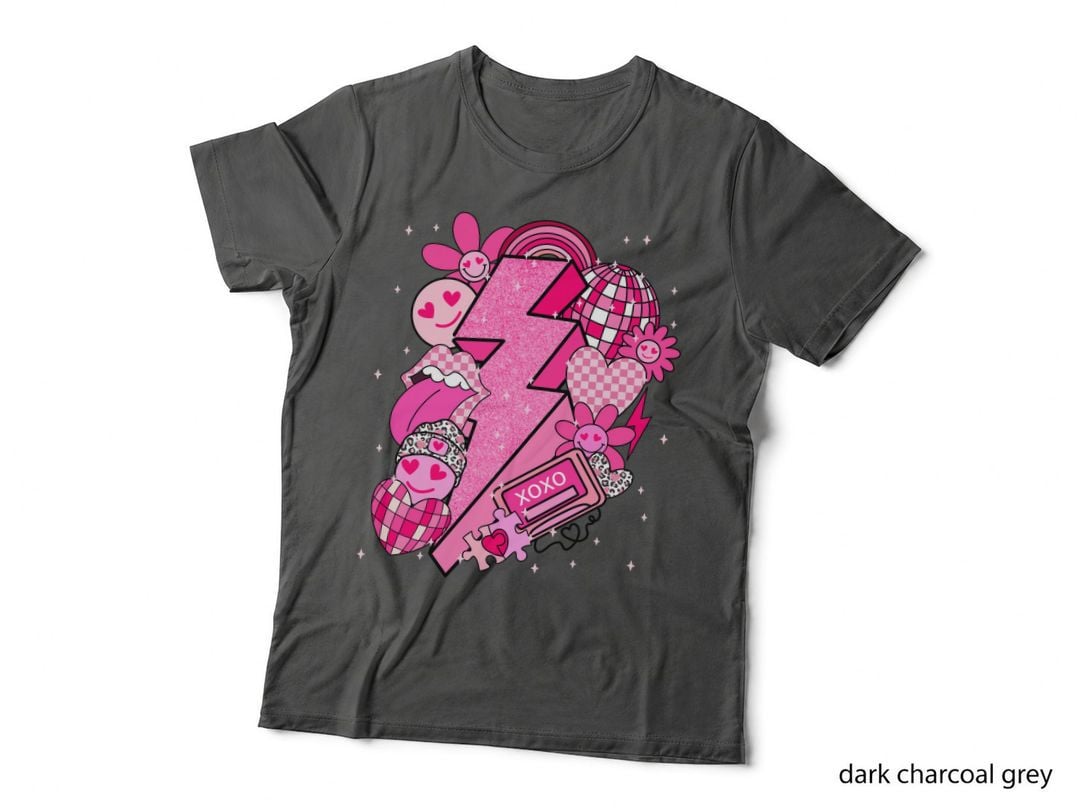 Y2k Lightning Bolt XOXO Pink Disco Ball Glitter T-Shirt