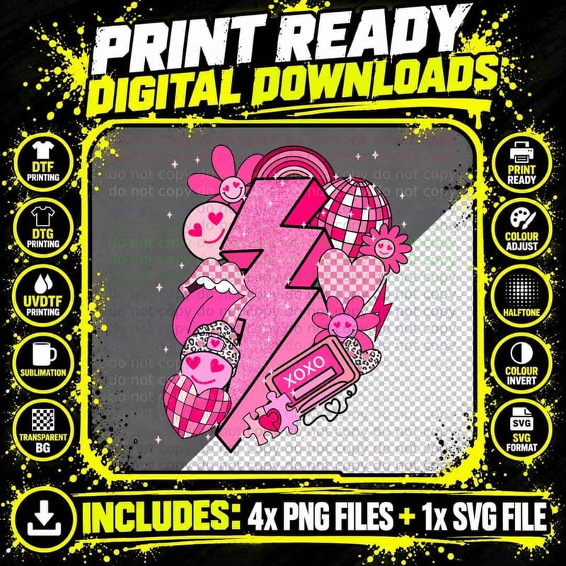 Y2k Lightning Bolt XOXO Pink Disco Ball Glitter T-Shirt Png SVG Digital Bundle