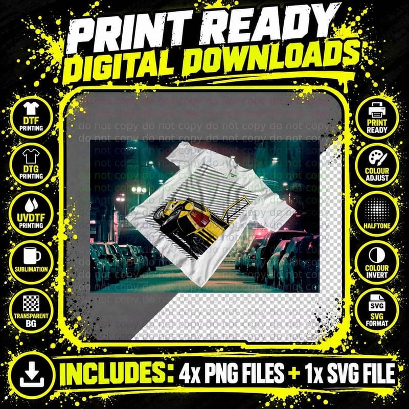Yellow Black Car T-Shirt Retro Print Png SVG Digital Bundle
