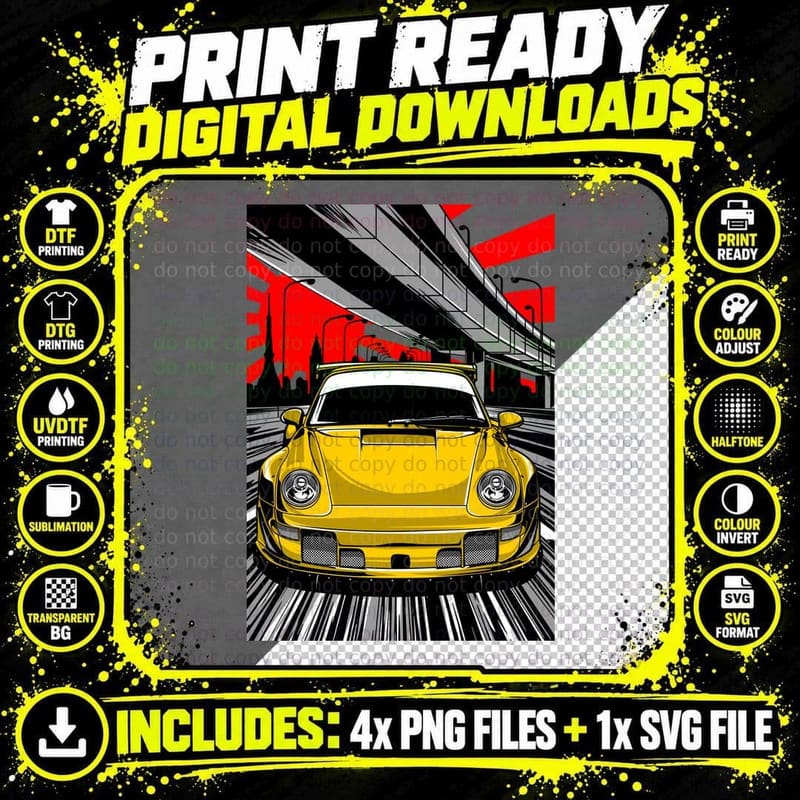 Yellow Sports Car Retro Japanese Street T-Shirt Png SVG Digital Bundle