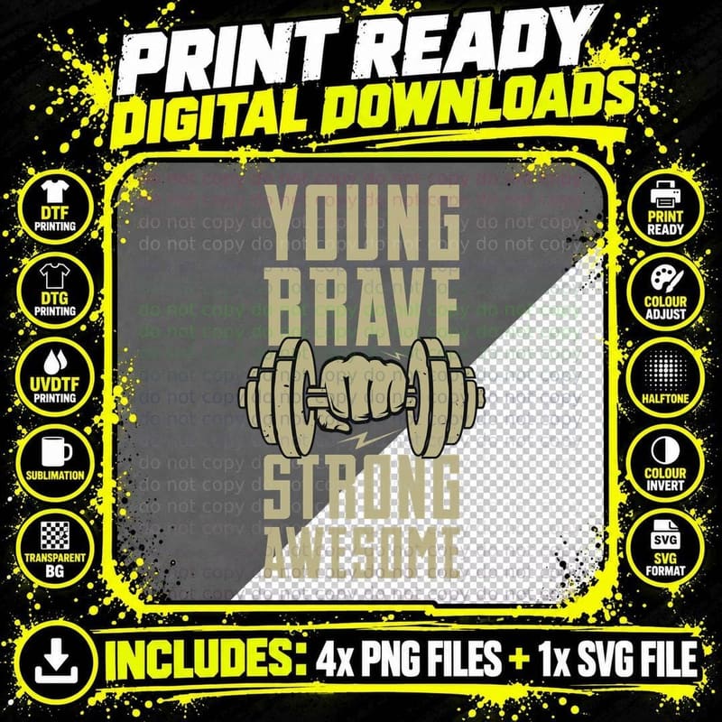 Young Brave Strong Awesome Tan Gold Dumbbell Retro Png SVG Digital Bundle