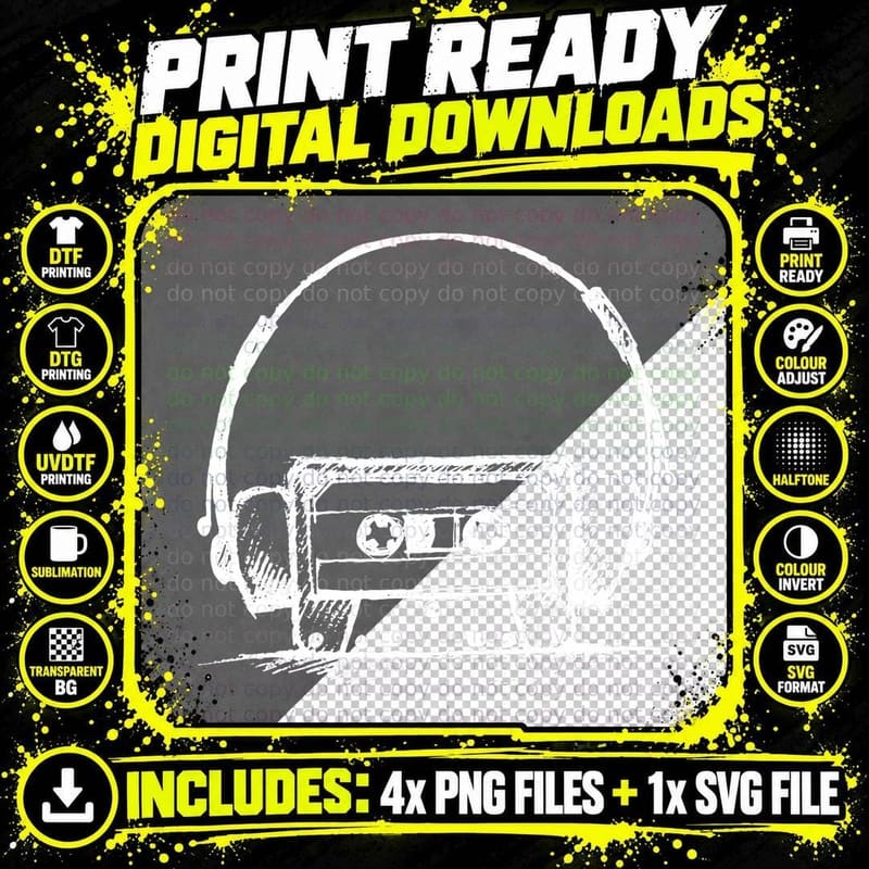 90s 80s Retro Vintage Cassette Headphones Walkman Music Png SVG Digital Bundle