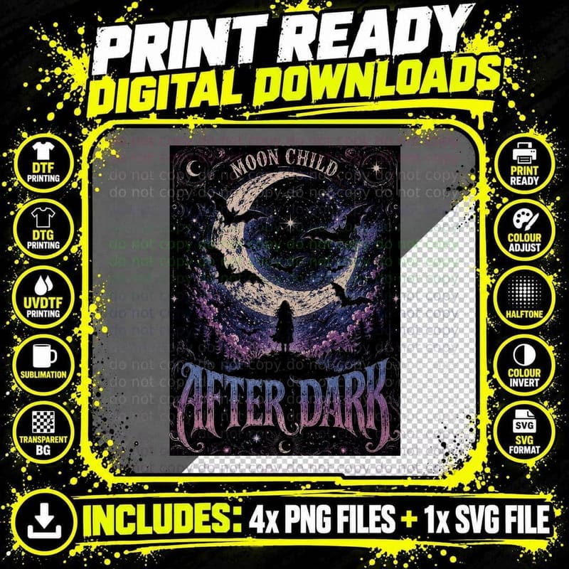 After Dark Moon Child Celestial Bats Gothic Retro Witchy Png SVG Digital Bundle
