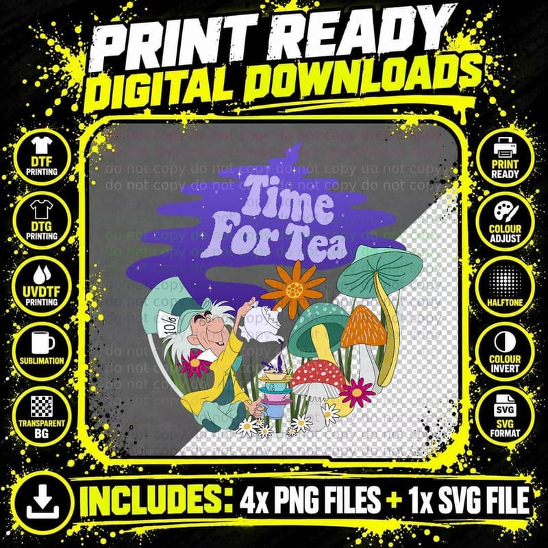Alice in Wonderland Mad Hatter Time for Tea, Vintage Png SVG Digital Bundle