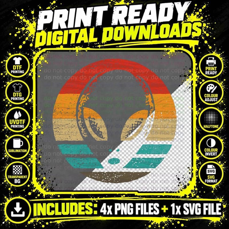 Alien Retro Style Vintage, 80s Sci-Fi, Space Theme Png SVG Digital Bundle