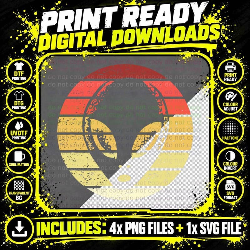 Alien Retro Style Vintage, Space Themed, Sci-Fi Png SVG Digital Bundle