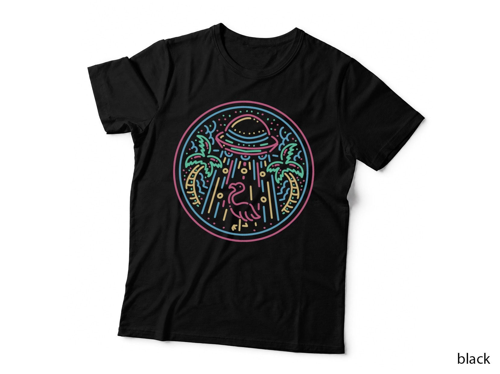 Alien Summer Invasion of Flamingo Monoline, Space Themed, Sci-Fi Art T-Shirt