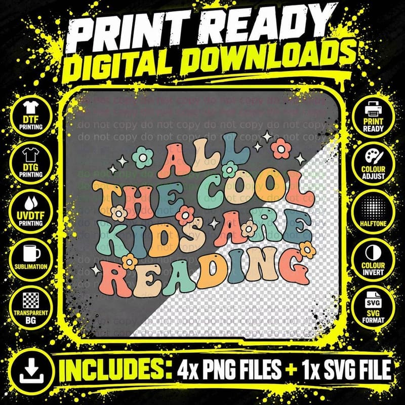 All the Cool Kids Are Reading Groovy Book Lovers World Png SVG Digital Bundle