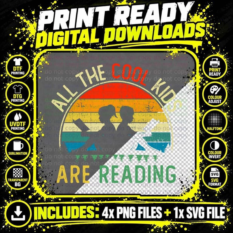 All the Cool Kids Are Reading Vintage Book Son Daughter Png SVG Digital Bundle