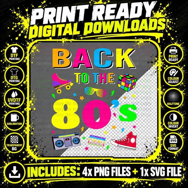 Back to 80's 1980s Vintage Retro Eighties Costume Party Png SVG Digital Bundle