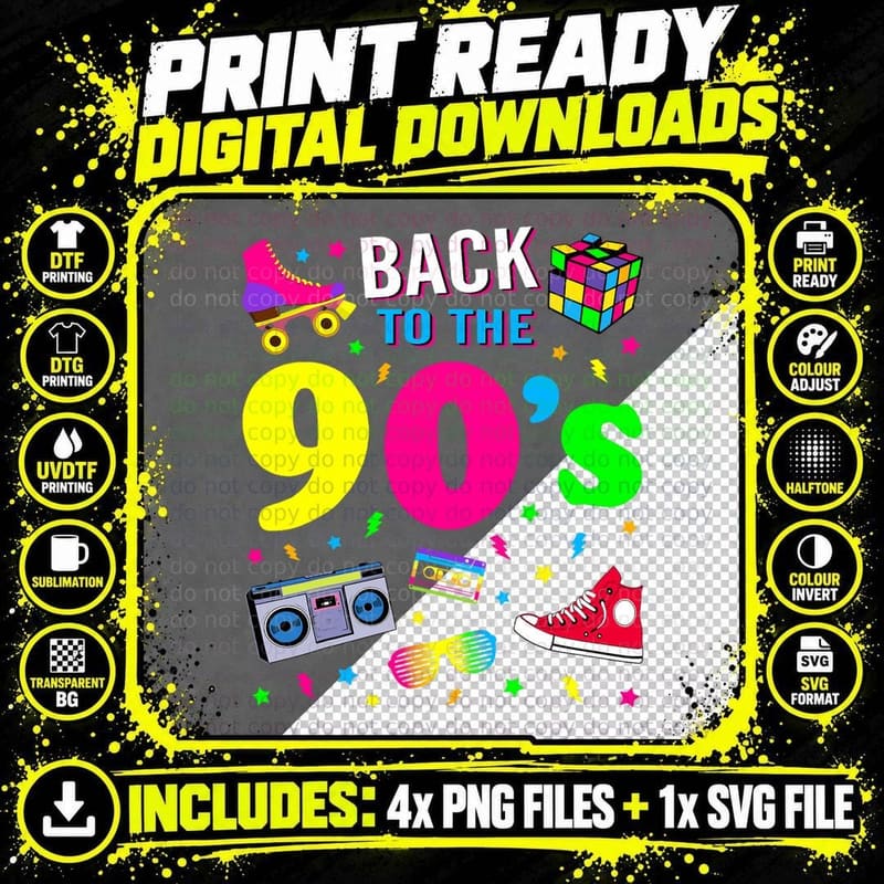 Back to 90's 1990s Vintage Retro Nineties Costume Party Png SVG Digital Bundle