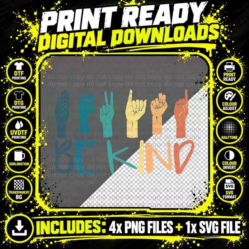 Be Kind Hand Sign Language T-Shirt Png SVG Digital Bundle