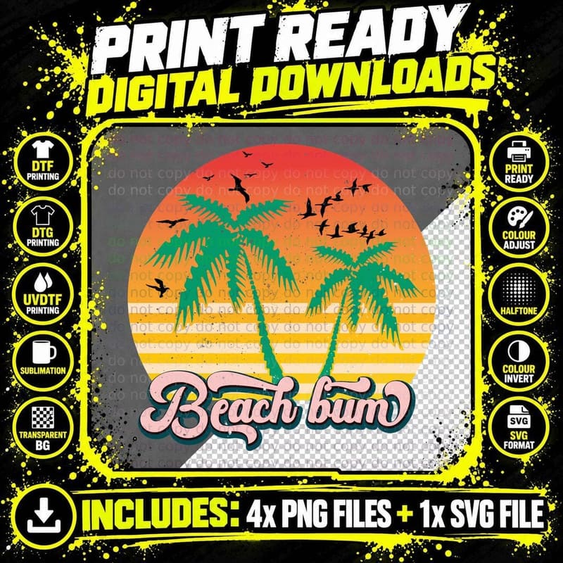 Beach Bum Summer T-Shirt, Palm Tree Ocean Retro Sunset Png SVG Digital Bundle