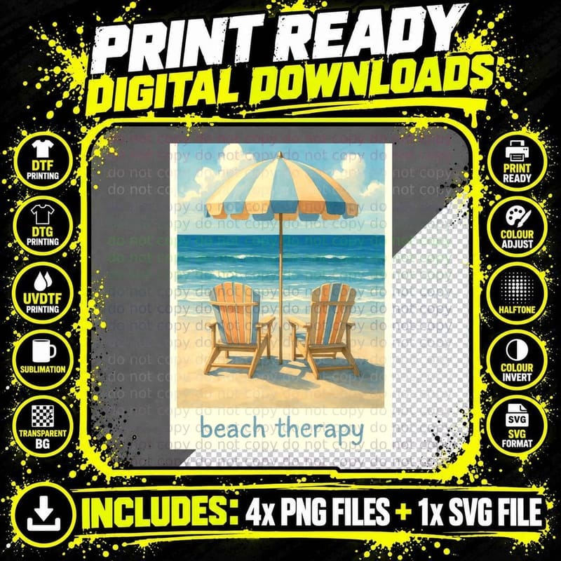 Beach Therapy Summer T-Shirt, Beach Chair Umbrella Png SVG Digital Bundle