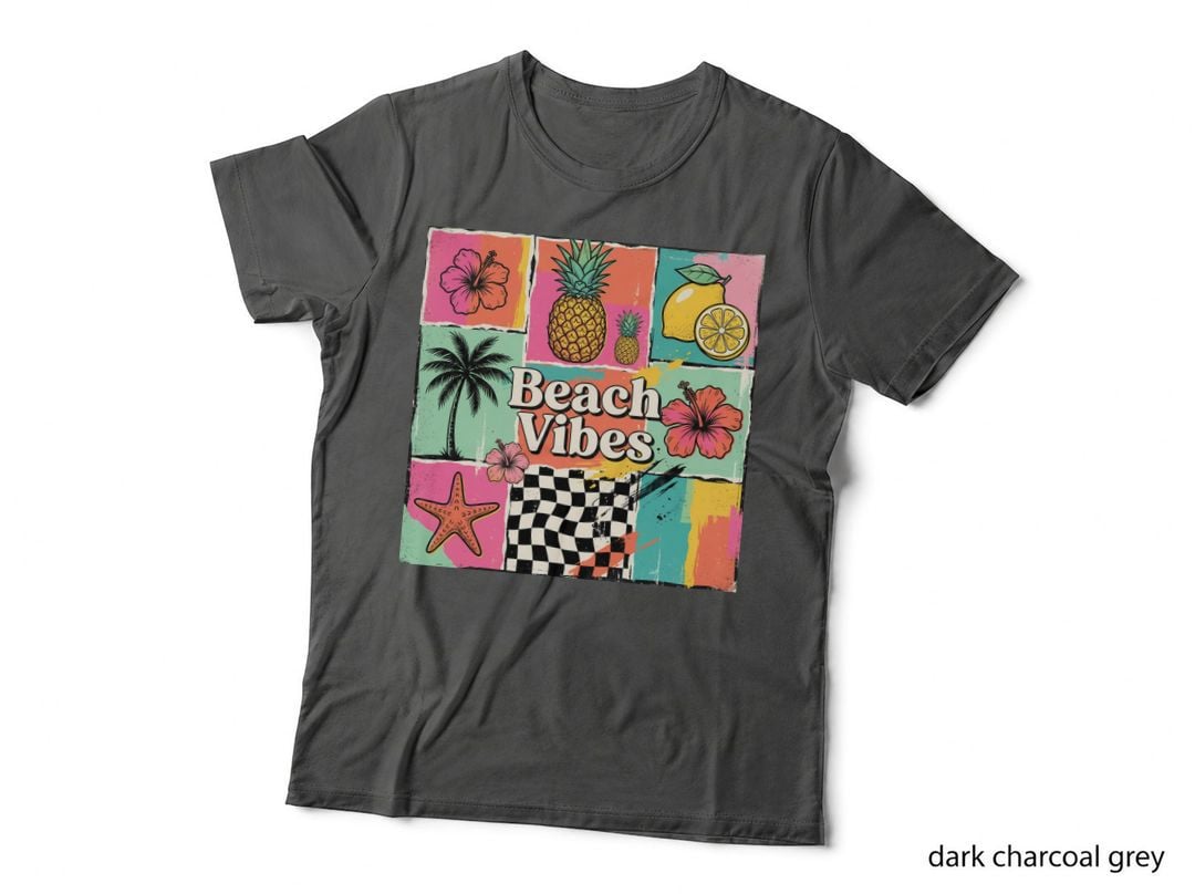 Beach Vibes Summer T-Shirt, Pineapple Flower Lemon Vintage Grid Sunny Tee