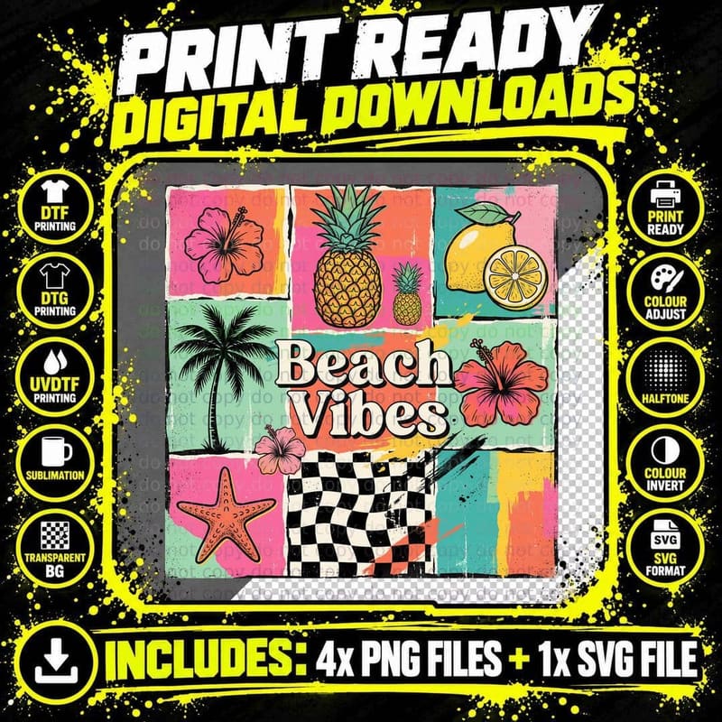 Beach Vibes Summer T-Shirt, Pineapple Flower Lemon Png SVG Digital Bundle