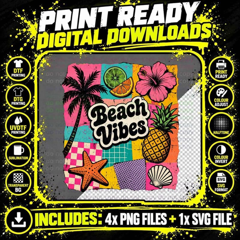 Beach Vibes Summer T-Shirt, Retro Beach Collage Sunny Png SVG Digital Bundle