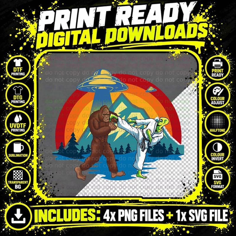 Bigfoot vs Alien Retro Abduction UFO Apparel Png SVG Digital Bundle