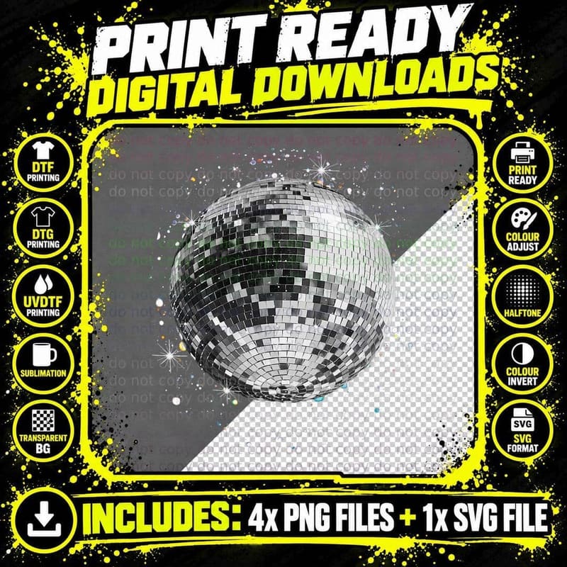 Black and White Disco Ball Club Retro Png SVG Digital Bundle