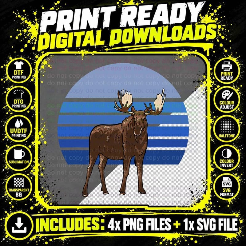 Blue Retro Sun Moose Illustration Moose Lover Art Png SVG Digital Bundle